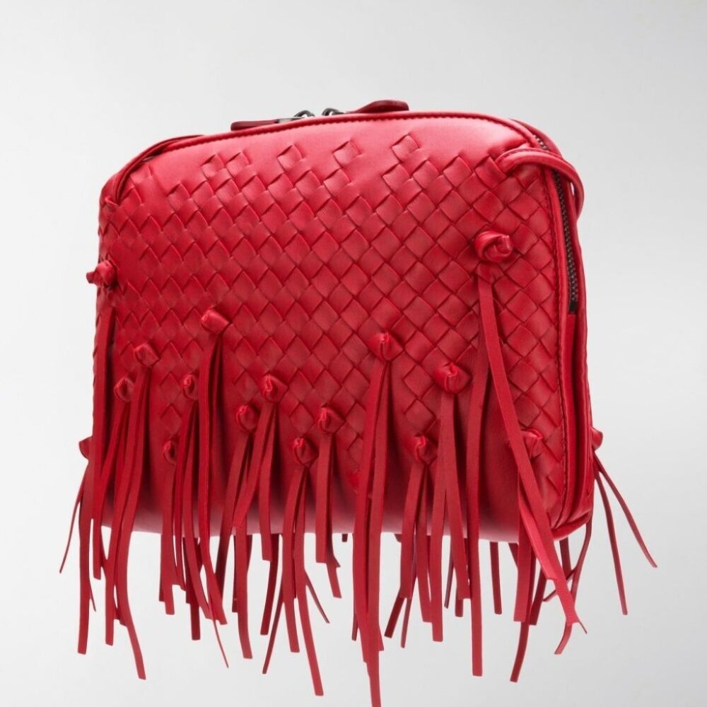BOTTEGA VENETA Pillow Red Woven Leather Fringe Crossbody Bag/Handbag. Small.